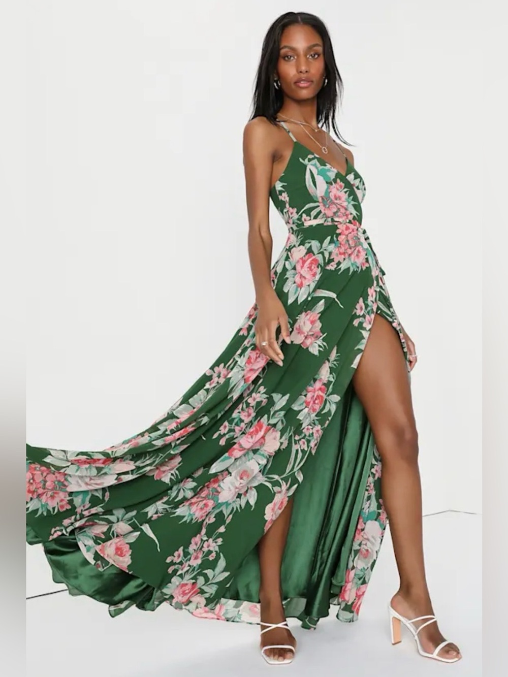 Lulus Women’s Elegantly Inclined Green Floral Print Wrap Maxi Dress XS